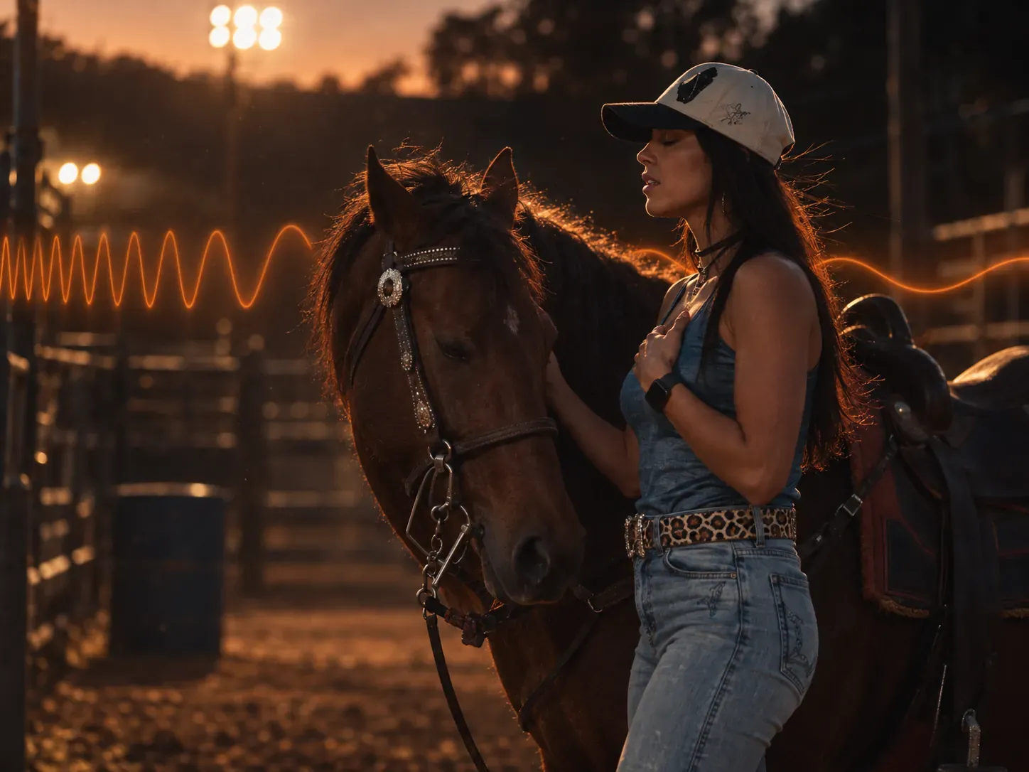Vanessa Castro de olhos fechados ao lado do cavalo, com a mão no pescoço dele, respirando antes da prova